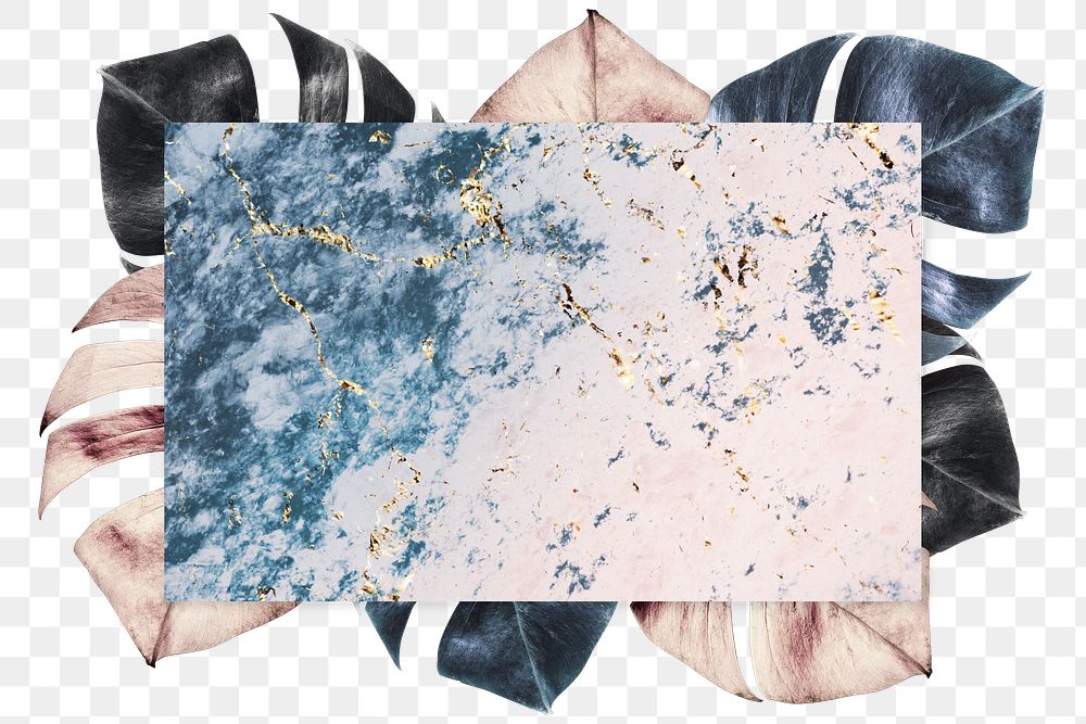 Monstera leaf with pink and blue marble textured background design element