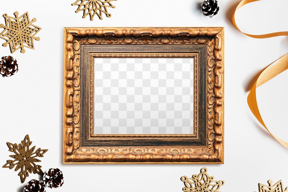 Copper Christmas picture frame mockup surrounded by gold snowflakes