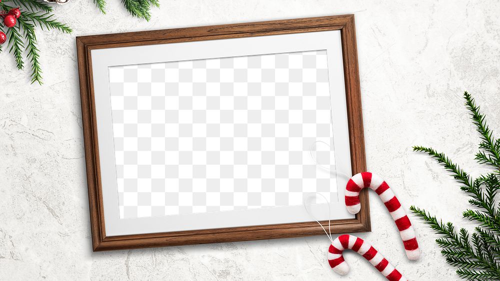 Wooden Christmas picture frame mockup by candy canes