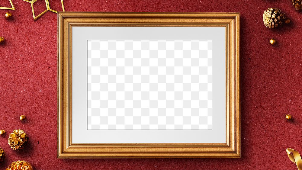 Golden Christmas picture frame mockup on a red background 