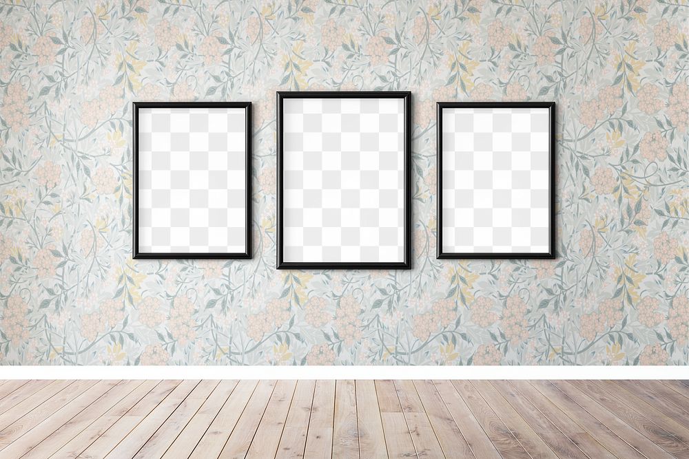 Three blank black picture frame mockups hanging on a floral wallpapered wall