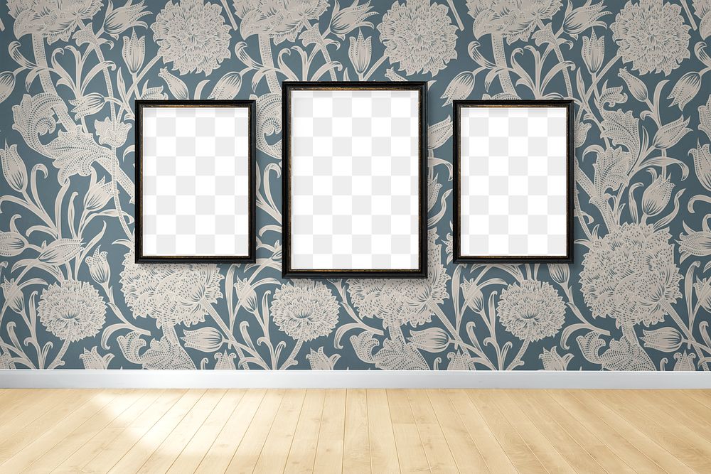 Three blank black picture frame mockups hanging on a floral wallpapered wall