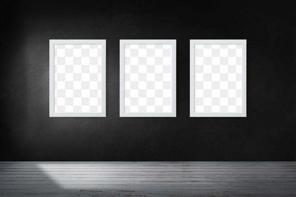White picture frame mockups hanging on a black wall