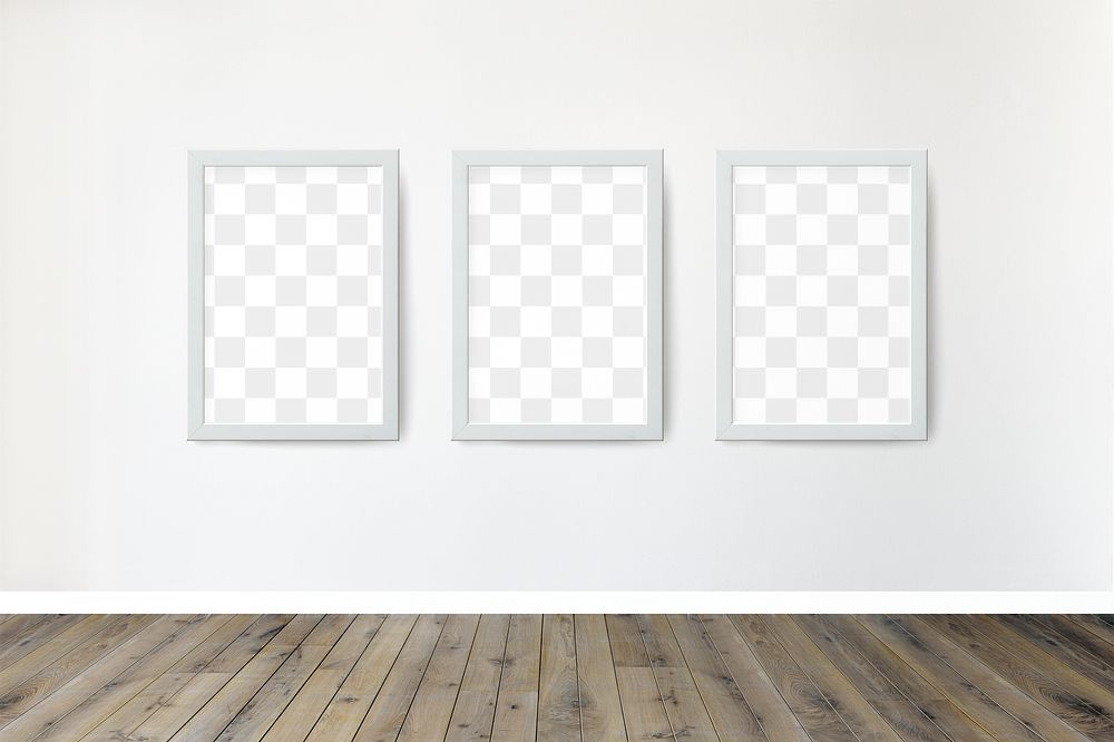 Whtie picture frame mockups hanging on a white wall