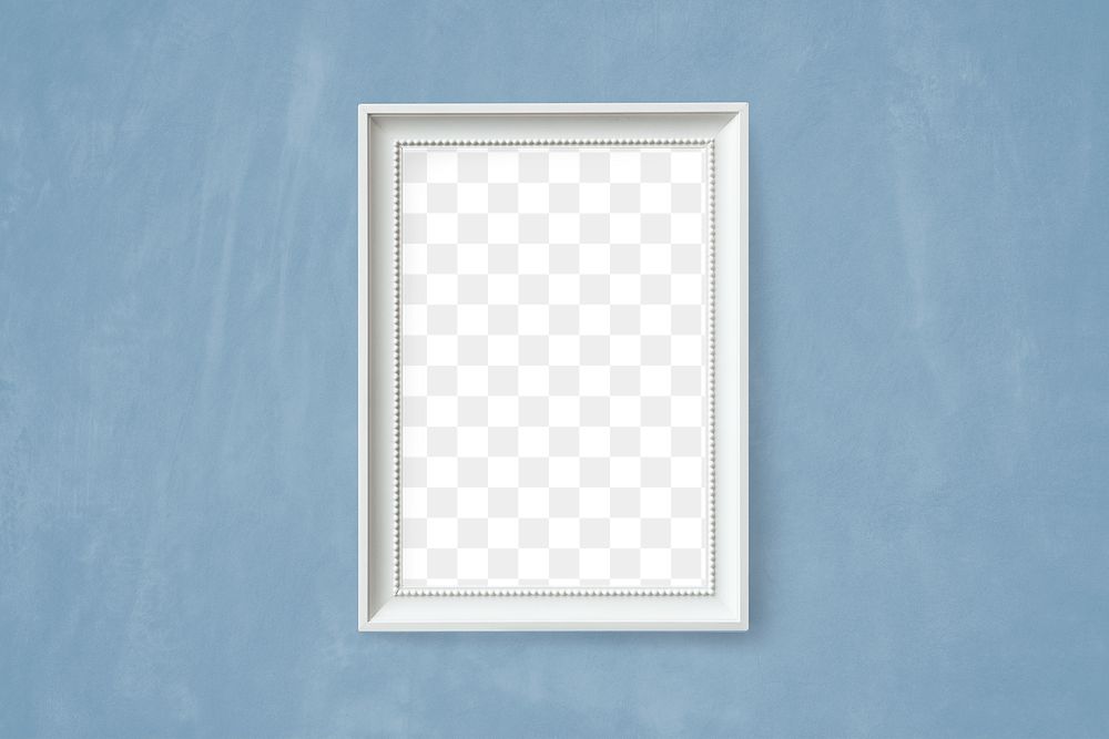 White picture frame mockup hanging on a light blue wall