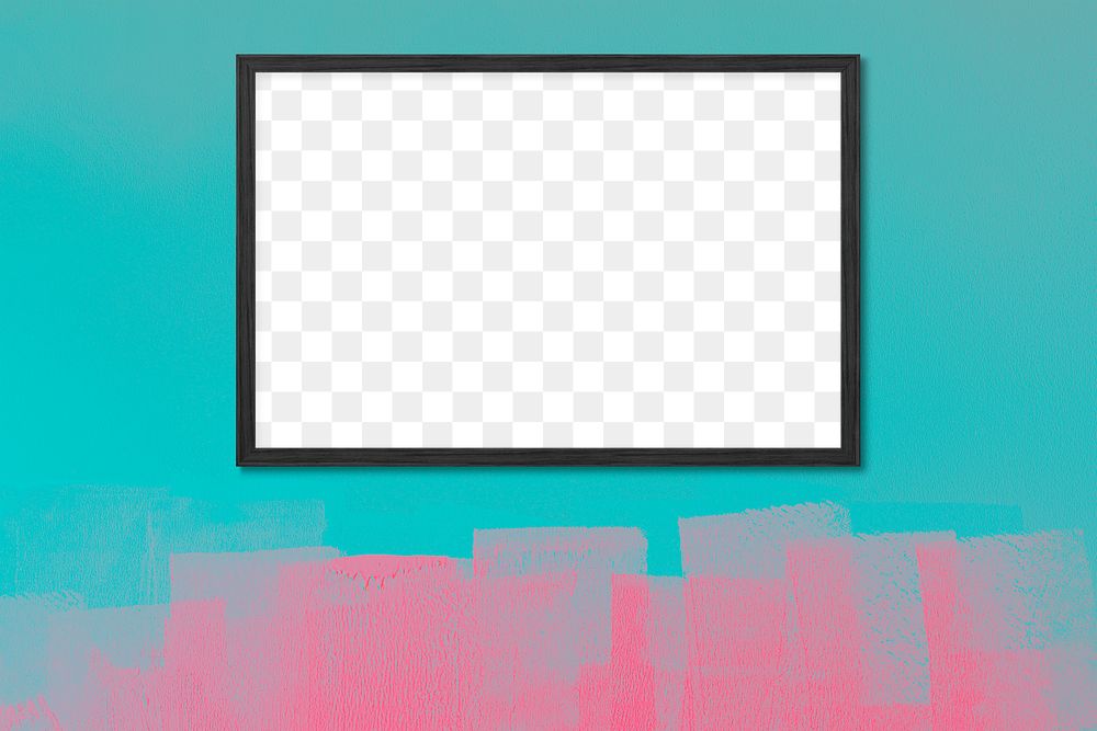 Black picture frame mockup hanging on a turquoise wall