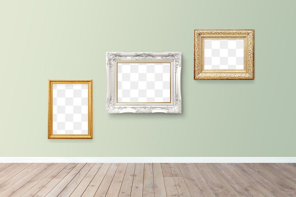 Luxurious baroque picture frame mockups hanging on a light green wall