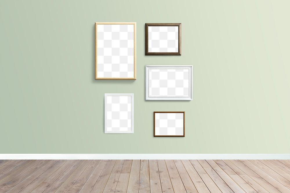 White and wooden picture frame mockups hanging on a light green wall