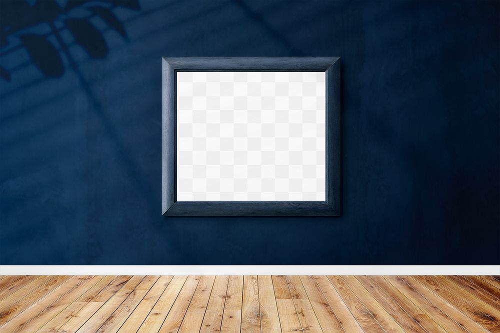 Bluish gray picture frame mockup hanging on a blue wall
