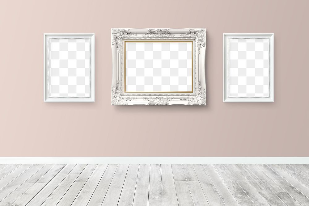 Baroque white picture frame mockup hanging on  a pink wall