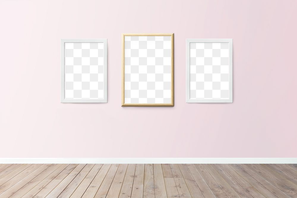 White and wooden picture frame mockups hanging on a pink wall