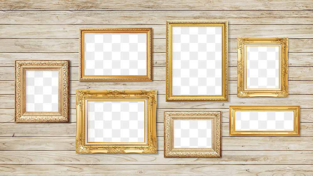 Luxurious baroque frame mockup hanging on a wooden wall
