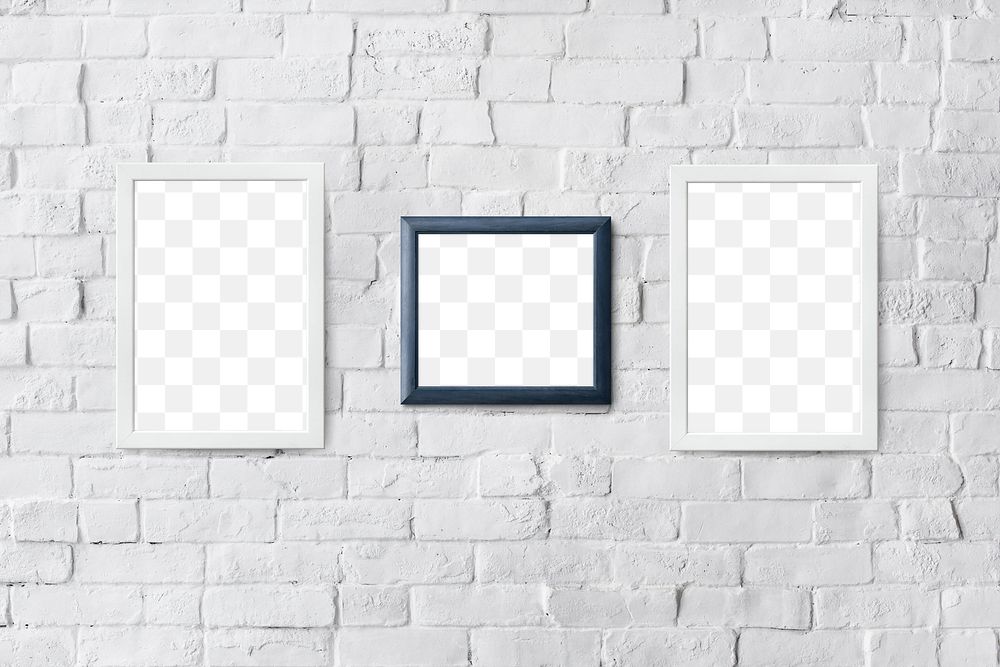 Picture frame mockups hanging on a white brick wall