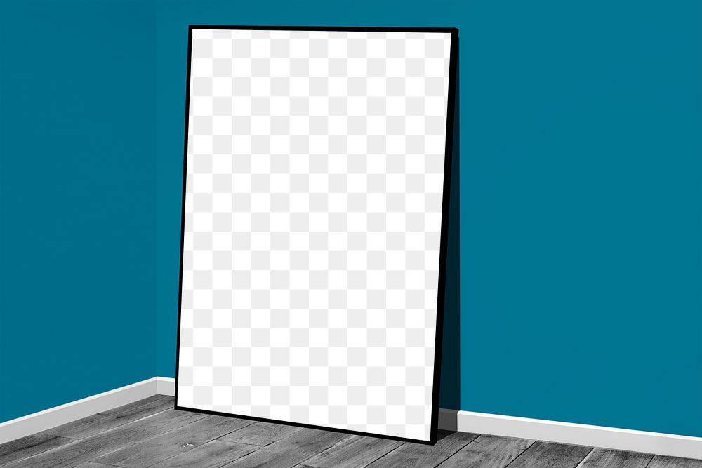 Black picture frame mockup leaning against a blue wall