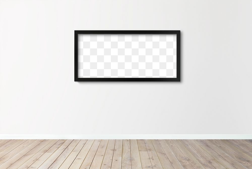 Black picture frame mockup hanging on an off white wall