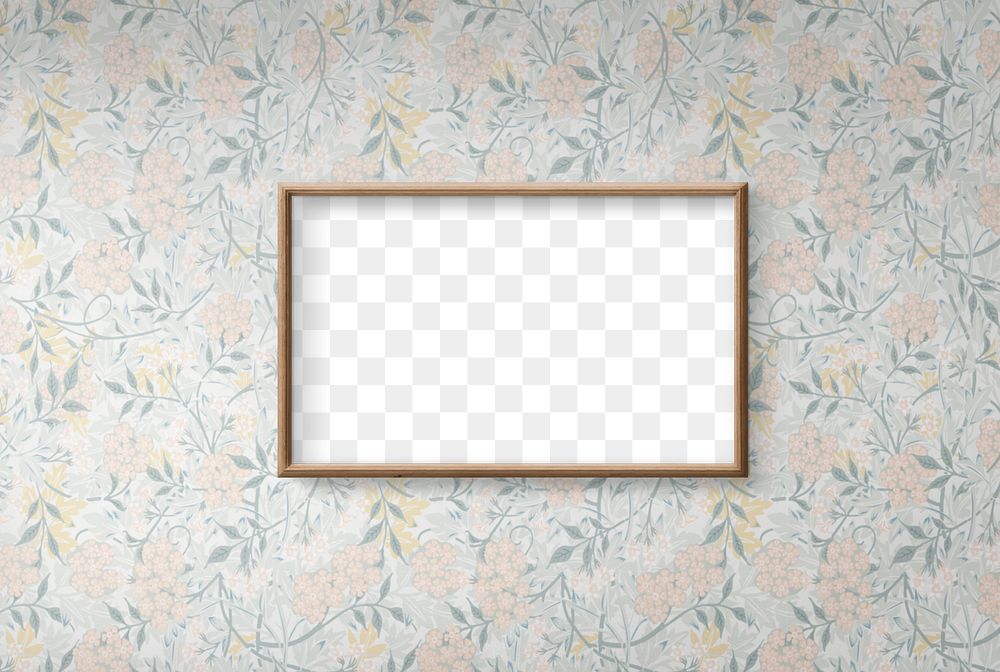 Blank wooden picture frame mockup hanging on a floral wallpapered wall