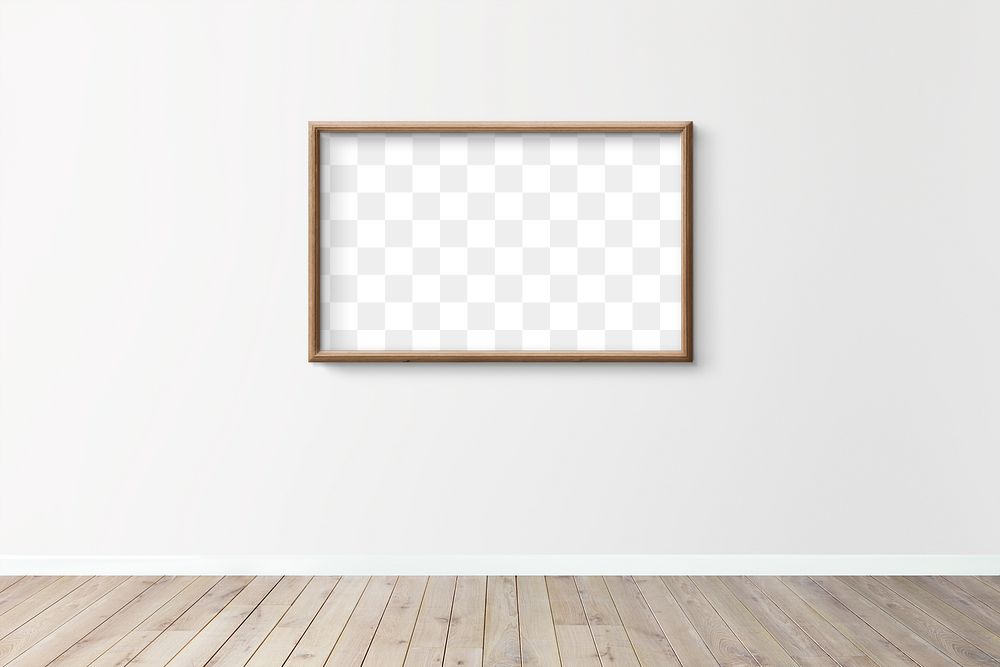 Wooden picture frame mockup hanging on a gray wall