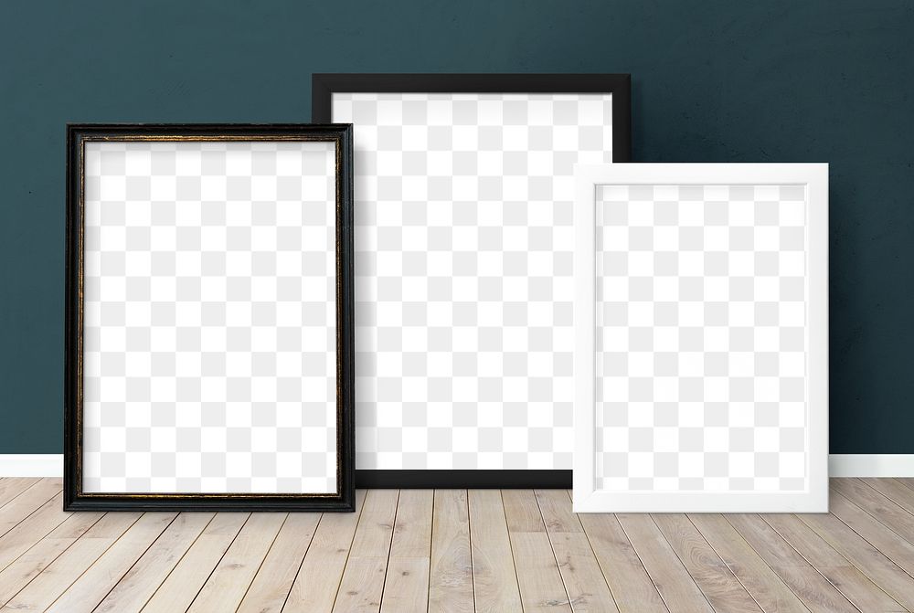 Black and white picture frame mockups against a wall