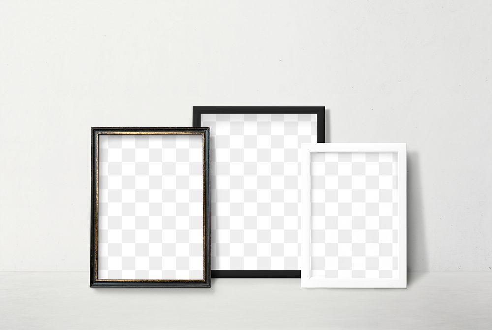 Black and white picture frame mockup leaning against a white wall