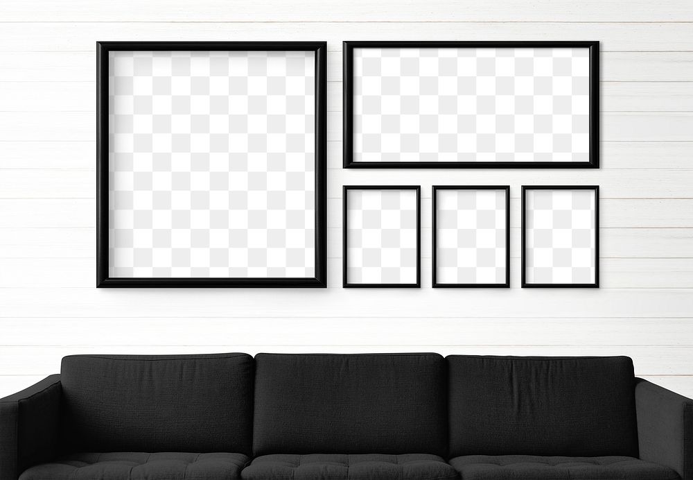 5 blank black picture frames hanging in a white living room