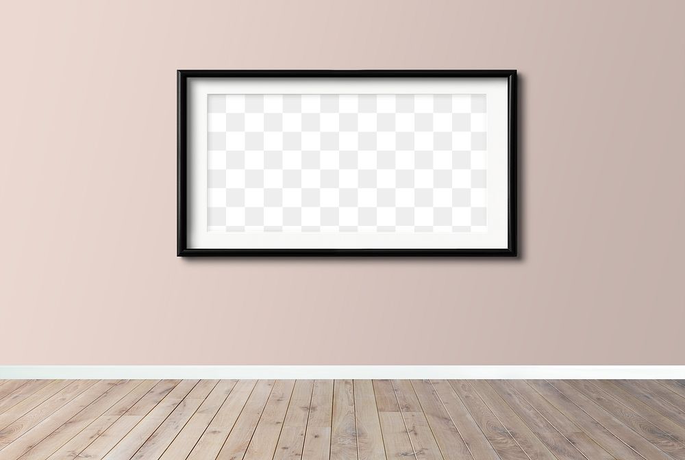 Black picture frame mockup hanging on a pink wall