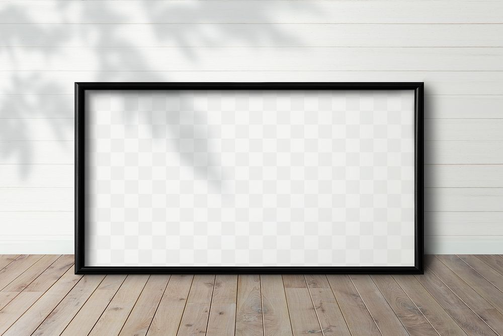 Black picture frame mockup on a wooden floor