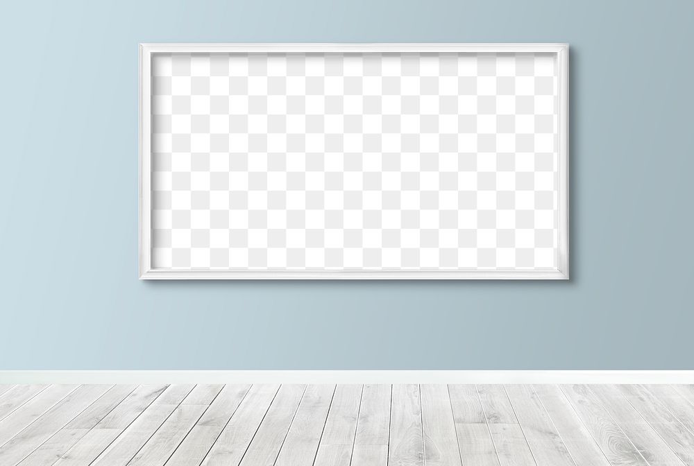 White picture frame mockup hanging on a light blue wall