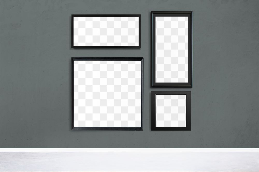 Black picture frame mockups hanging on a gray wall