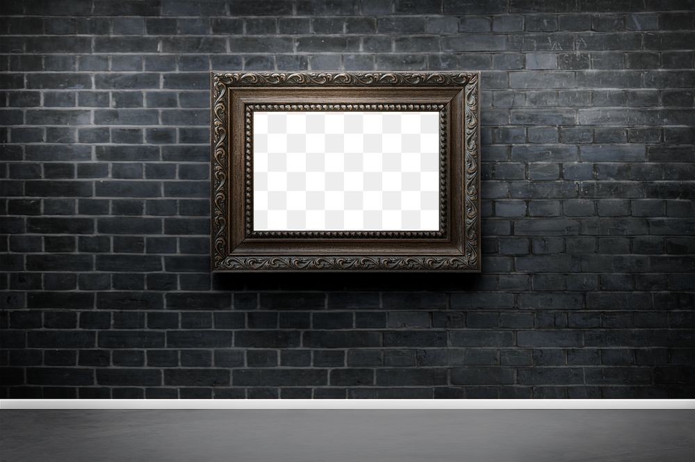 Blank vintage picture frame mockup leaning against a dark brick wall