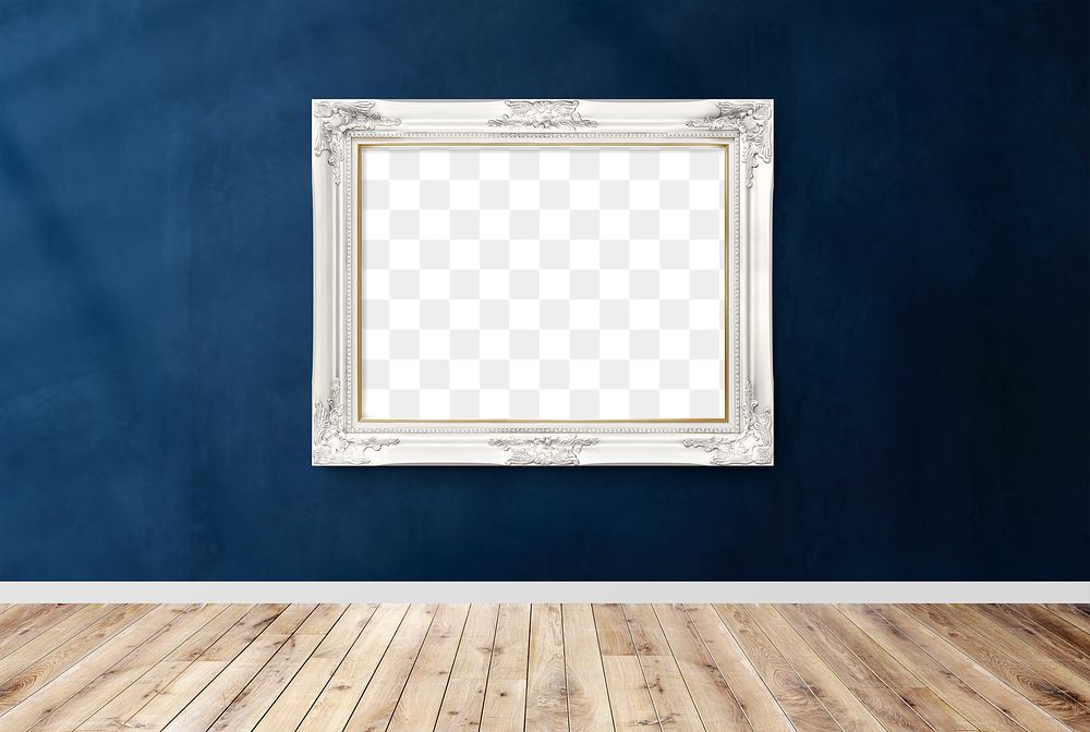 Luxurious white baroque frame mockup hanging on a dark blue wall