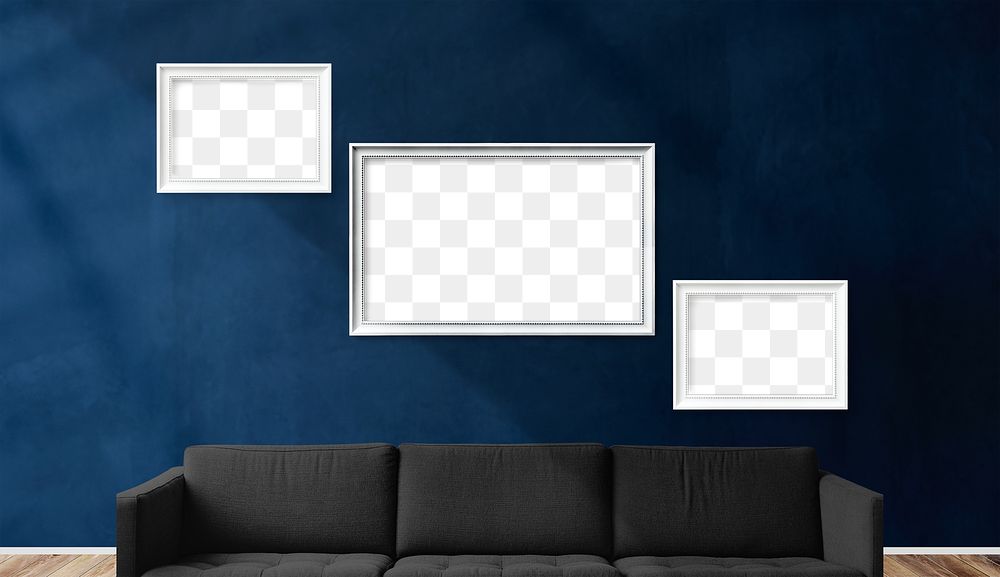 Picture frame mockups in a dark blue living room