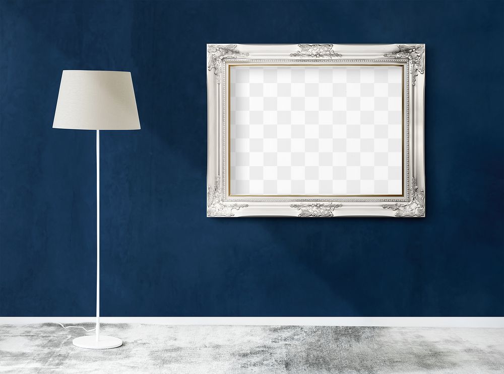 White lamp by a blue wall hanged with a blank white picture frame mockup