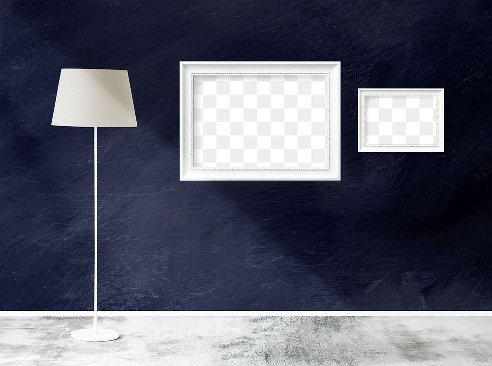 White lamp by a blue wall hanged with blank white picture frame mockups