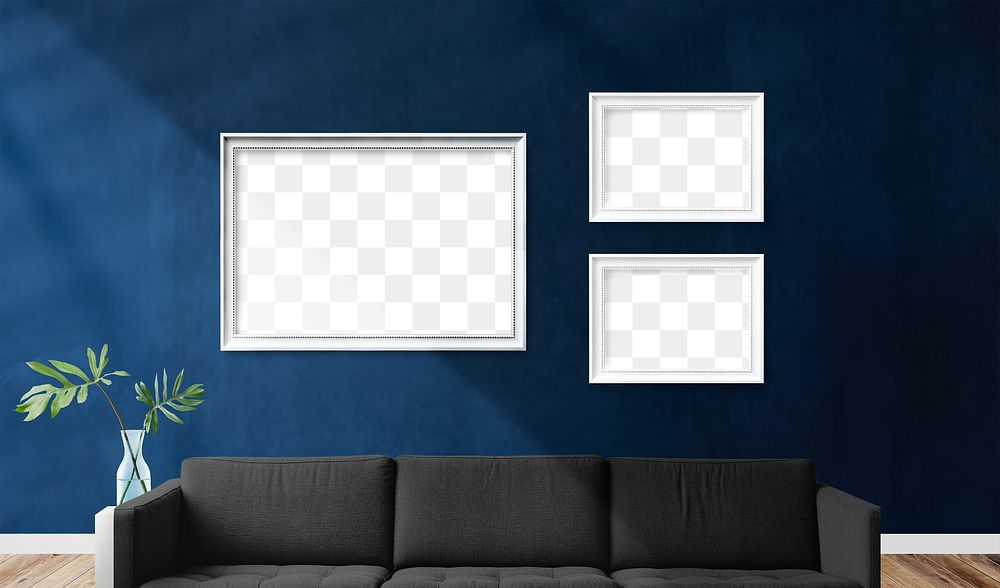 Three blank picture frames mockup in a blue living room