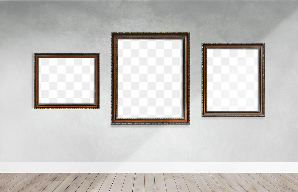 Wooden picture frame mockups hanging on a gray wall