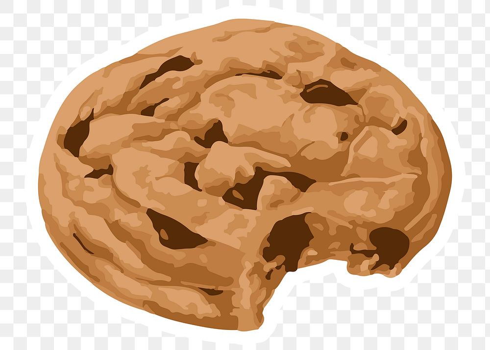 Vectorized hand drawn chocolate chip cookie sticker with a white border