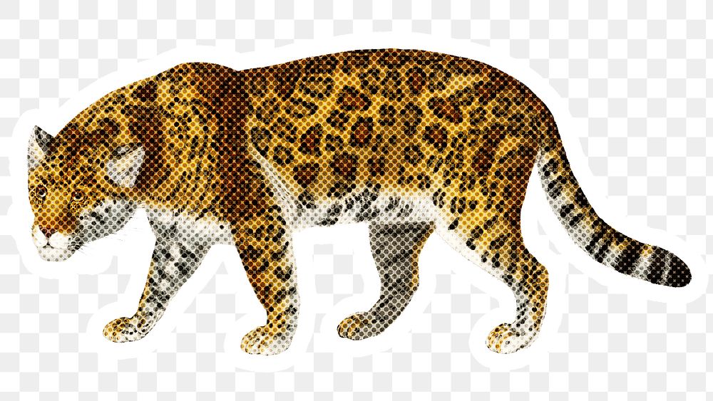 Hand drawn jaguar halftone style sticker overlay with a white border