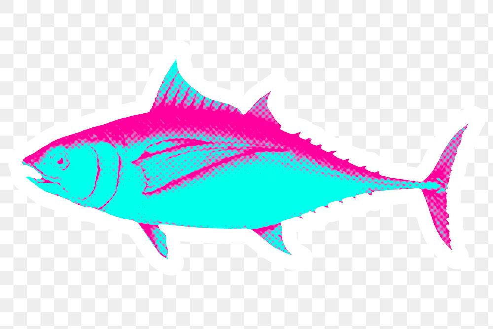 Hand drawn funky tuna fish with a face halftone style sticker overlay with a white border