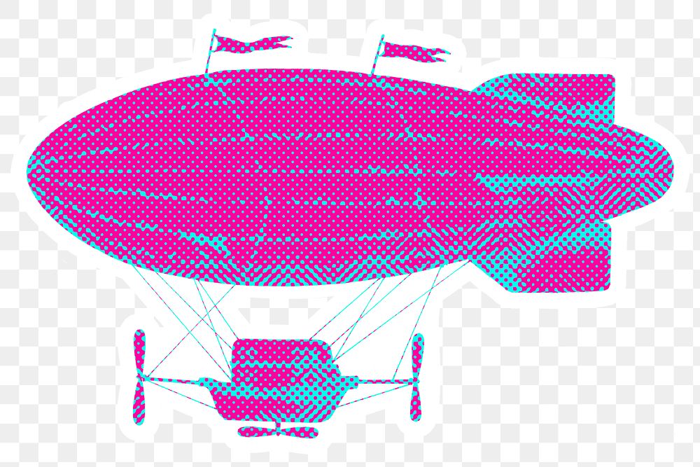 Hand drawn funky airship halftone style sticker overlay with a white border