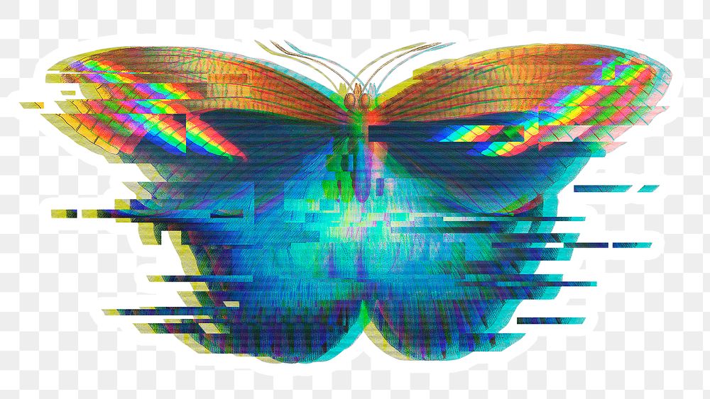 Butterfly glitch style sticker overlay with a white border