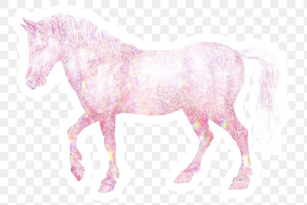 Pink holographic horse sticker with a white border
