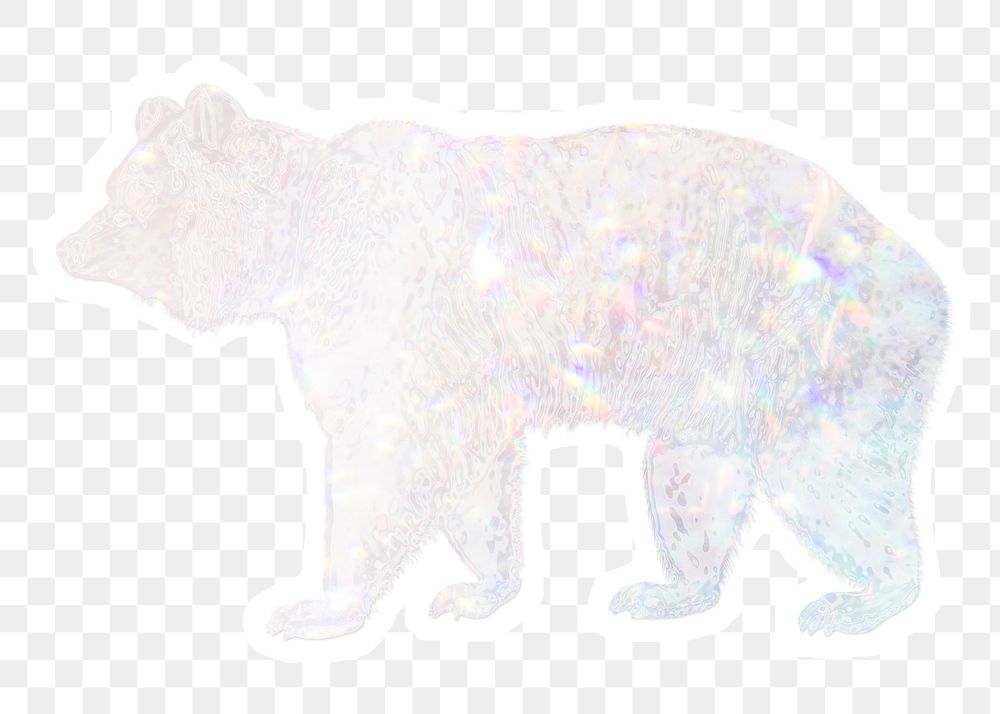 Silvery holographic bear sticker with a white border