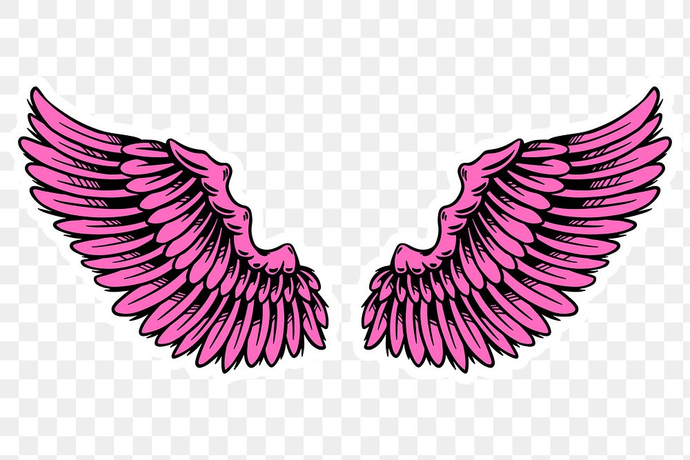 Magenta pink wings sticker overlay with a white border design element