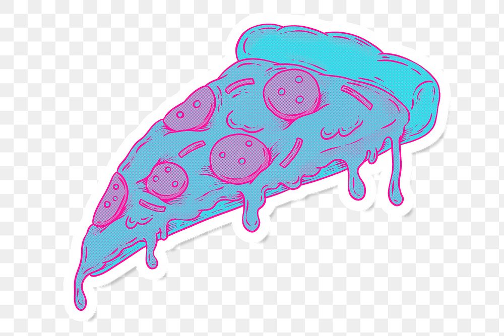 Funky neon pepperoni pizza slice sticker overlay with a white border