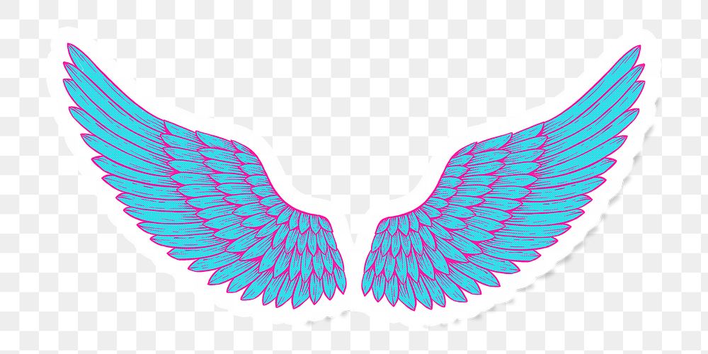 Funky neon wings sticker overlay with a white border design element