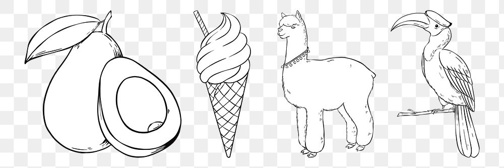 Png animal and food sticker set black and white 