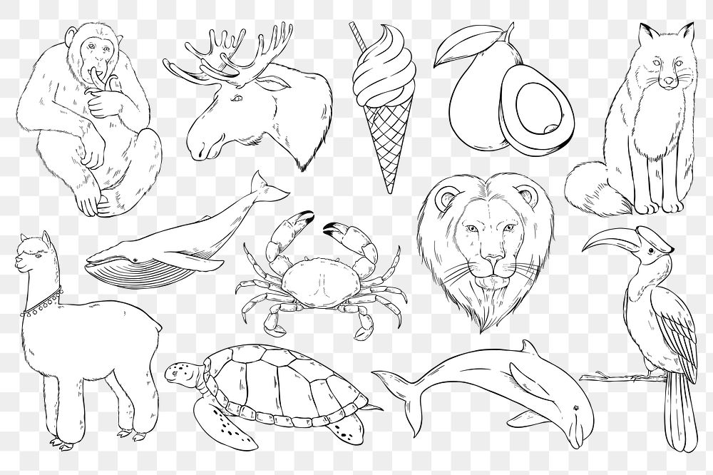 Png animal sticker set black and white clipart