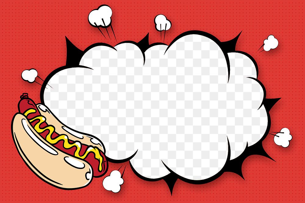 Pop art hotdog with a cartoon sound effect on a red background design element