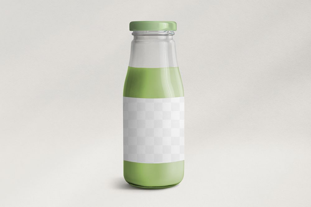 Label mockup png on glass bottle with Matcha and green lid