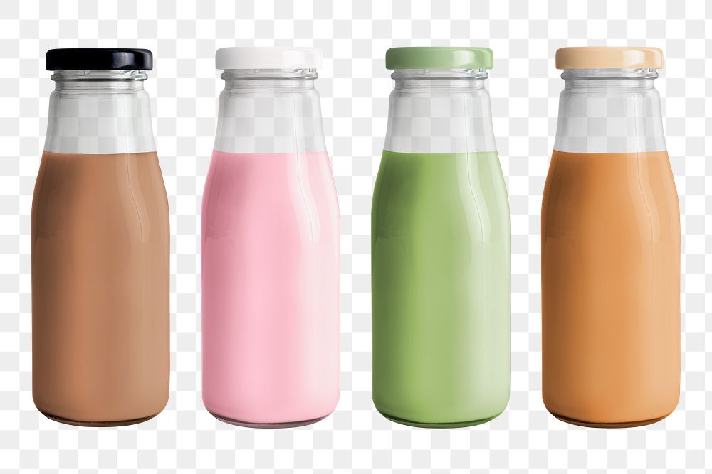 Milk tea in glass bottles mockup set 